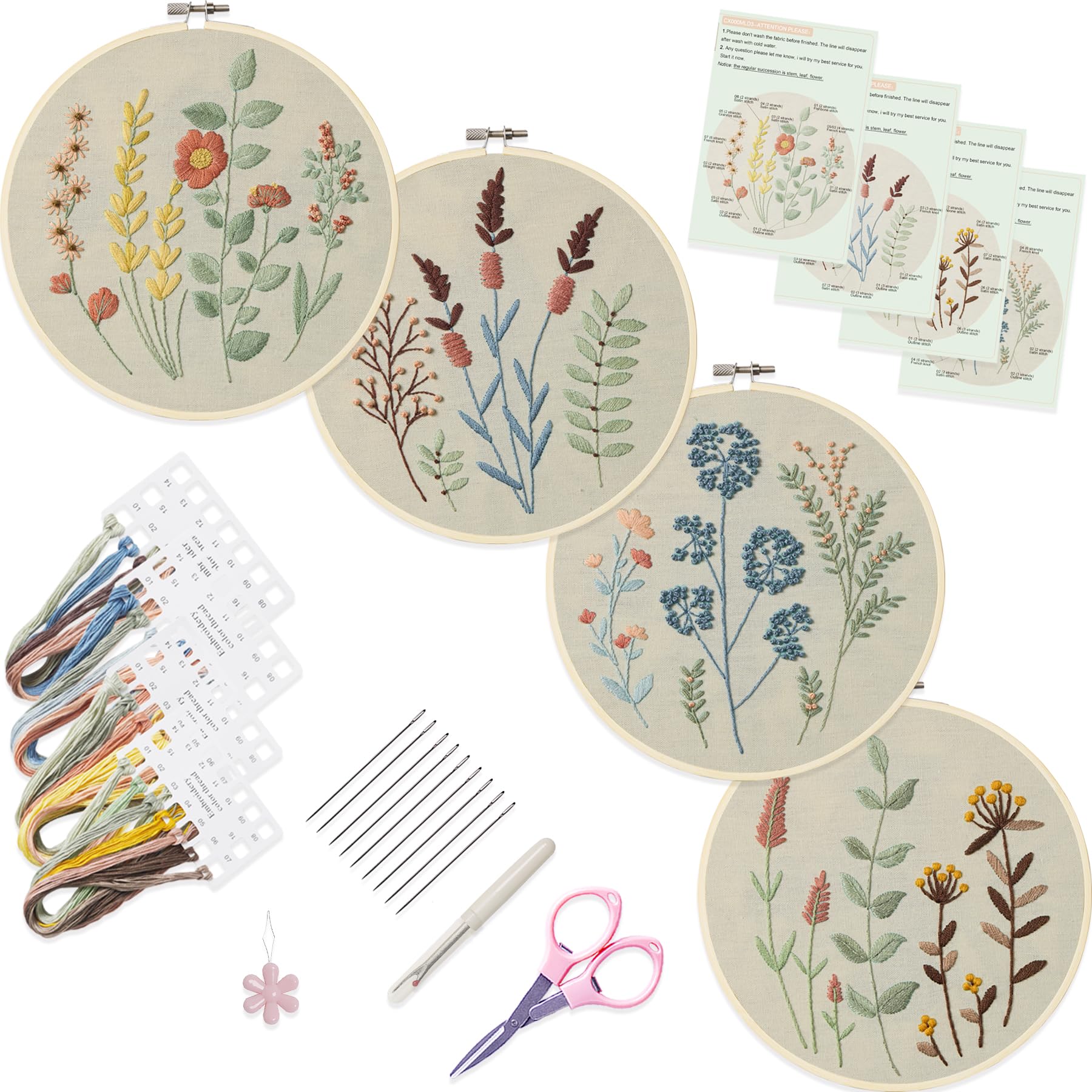 Bonroy 4 Sets Embroidery Kit for Beginners,Embroidery Kit for Art Craft Handy Sewing Include Embroidery Clothes with Pattern,Embroidery Hoops, Instructions,Color Threads Needle Kit (Multi 5)
