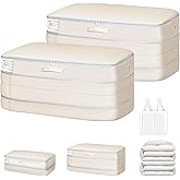 Easortm Comforter Storage Bag - Large Capacity Bedding Storage Bags Ultra Space Saving Self Compression Organizer, Washable Compression Bags for Storage Comforter Blanket Duvet Pillow, 2-Pack, Beige