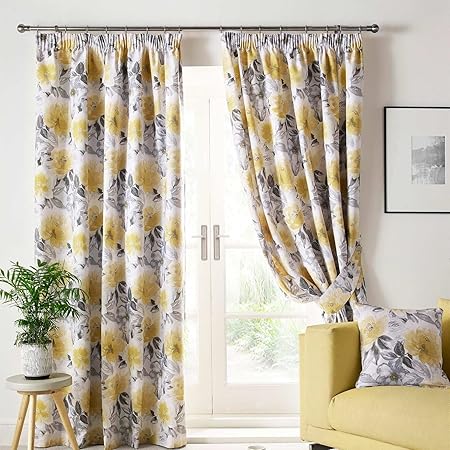 Homescapes Yellow And Grey Sofia Floral Pencil Pleat Curtains Pair