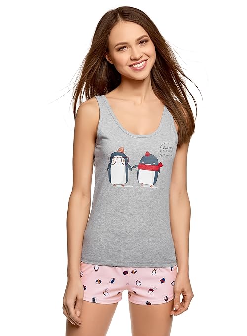 oodji Ultra Damen Tagless Baumwoll-Schlafanzug mit Pinguin-Muster