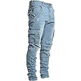 Pantete Cargo Jeans for Men Slim Fit Stretch Straight Leg Pants Skinny Fashion Denim Jeans with Multi Pockets