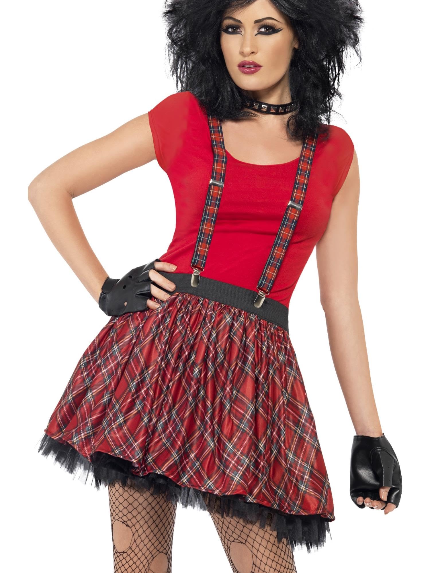 Smiffys Punk Kit, Tartan with Tutu, Braces and Fingerless Gloves, 1980's Fancy Dress, Adult Dress Up Accessories