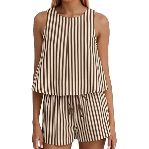 Ythomm Womens Two Piece Lounge Sets Round Neck Peplum Tops High Waist Linen Shorts Summer Matching Sets Beach Travel Outfits