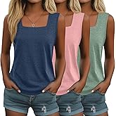 Huukeay 3 Pack Summer Women's Tank Tops Cotton Sleeveless Shirt Loose Fit Square Neck Tank Top with Side Slits(Haze Blue, Coral, Light Green,Large)