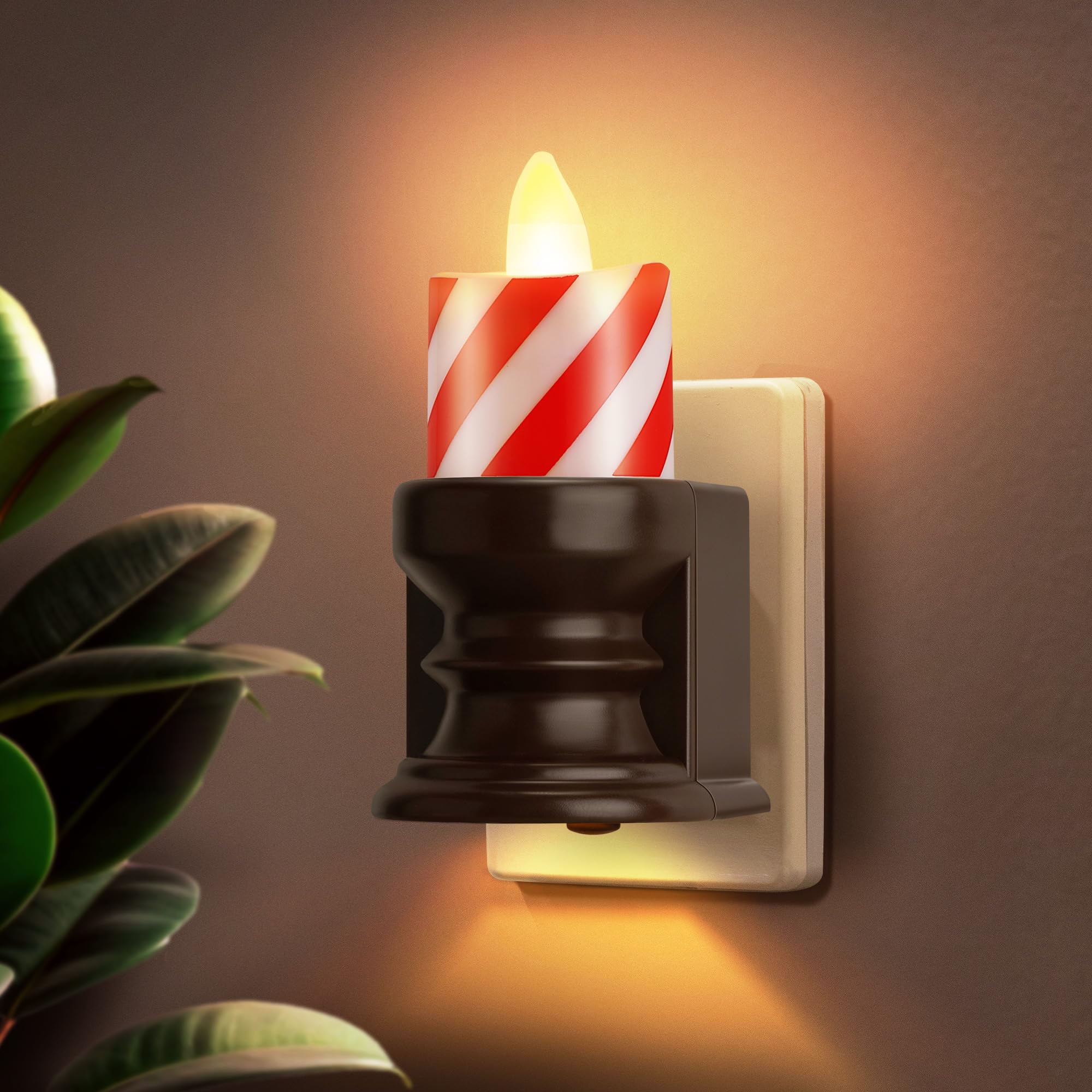 Photo 1 of Meonum Flickering Flameless Candle Night Light Plug in, Dimmable LED Nightlight with Dusk to Dawn Sensor, Decorative Candle Light for Bedroom, Hallway, Bathroom(Christmas Red & Brown Base)