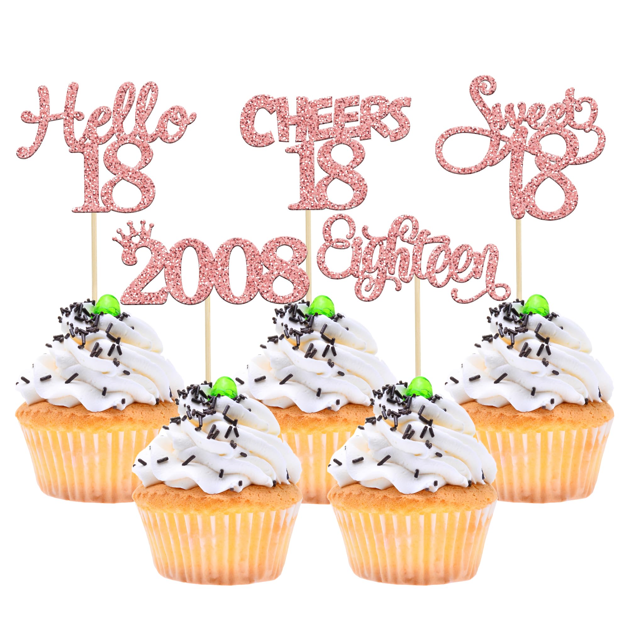 Gyufise 30 Pack Rose Gold Glitter 18th Birthday Cupcake Toppers Hello Sweet 18 Sixteen Since 2008 Cupcake Picks for Cheers to 18th Birthday Party Cake Decorations Supplies