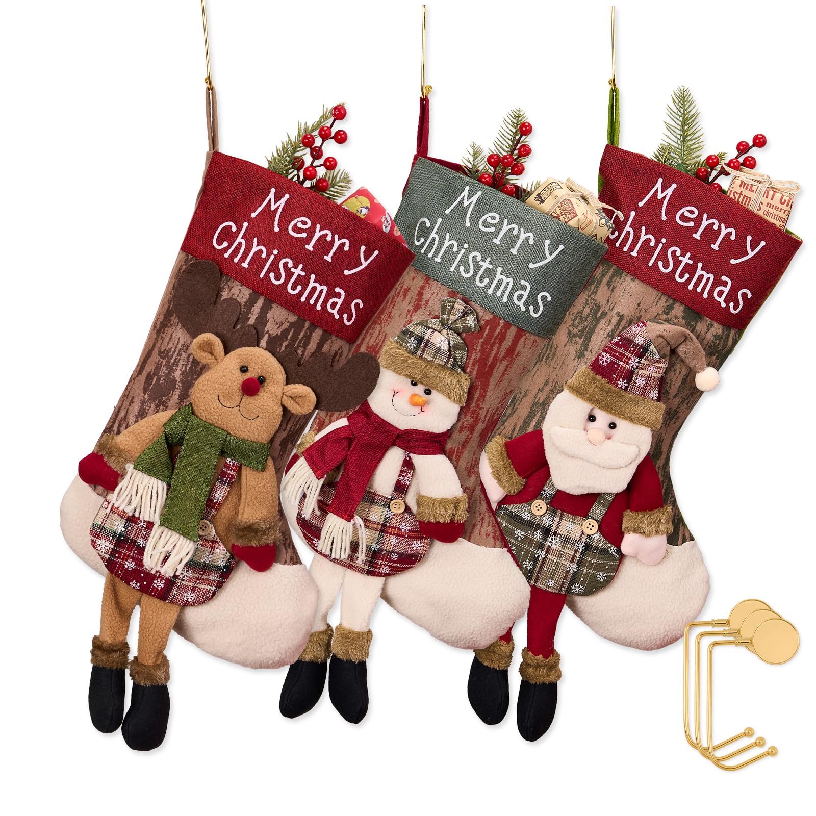 Photo 1 of 3 Pack Jumbo 3D Christmas Stockings with Golden Hooks, Extra Large 18'' Xmas Socks for Fireplace Mantel Decor, Holiday Hanging Stockings Set for Gifts (3 Pcs Leg)