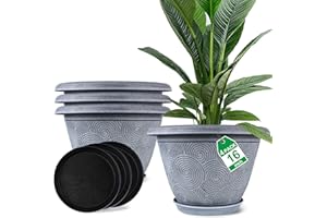 FODETYFF 16 Inch Large Planter Pot for Plants Indoor Outdoor, 4 Pack Plastic Flower Pots with Drainage Hole & Tray, Modern Decorative Garden Pot with Saucer, Plant Container for House