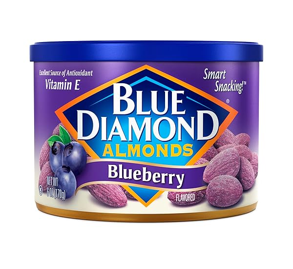 BLUE DIAMOND ALMONDS, CLASSIC BLUEBERRY FLAVORED SWEET SNACK NUTS PERFECT SIZE FOR ON-THE-GO, LUNCH, ADULTS AND KIDS, 6OZ CAN