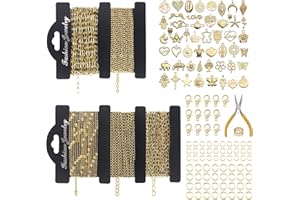 Ecoofor 14k Gold Necklace Chain for Jewelry Making, 16.6 Feet Total (5 Rolls) DIY Bracelet Chains with 300 Jump Rings, 50 Lobster Clasps, 1 Jewelry Pliers,1 Support Ring and 50 Pendants