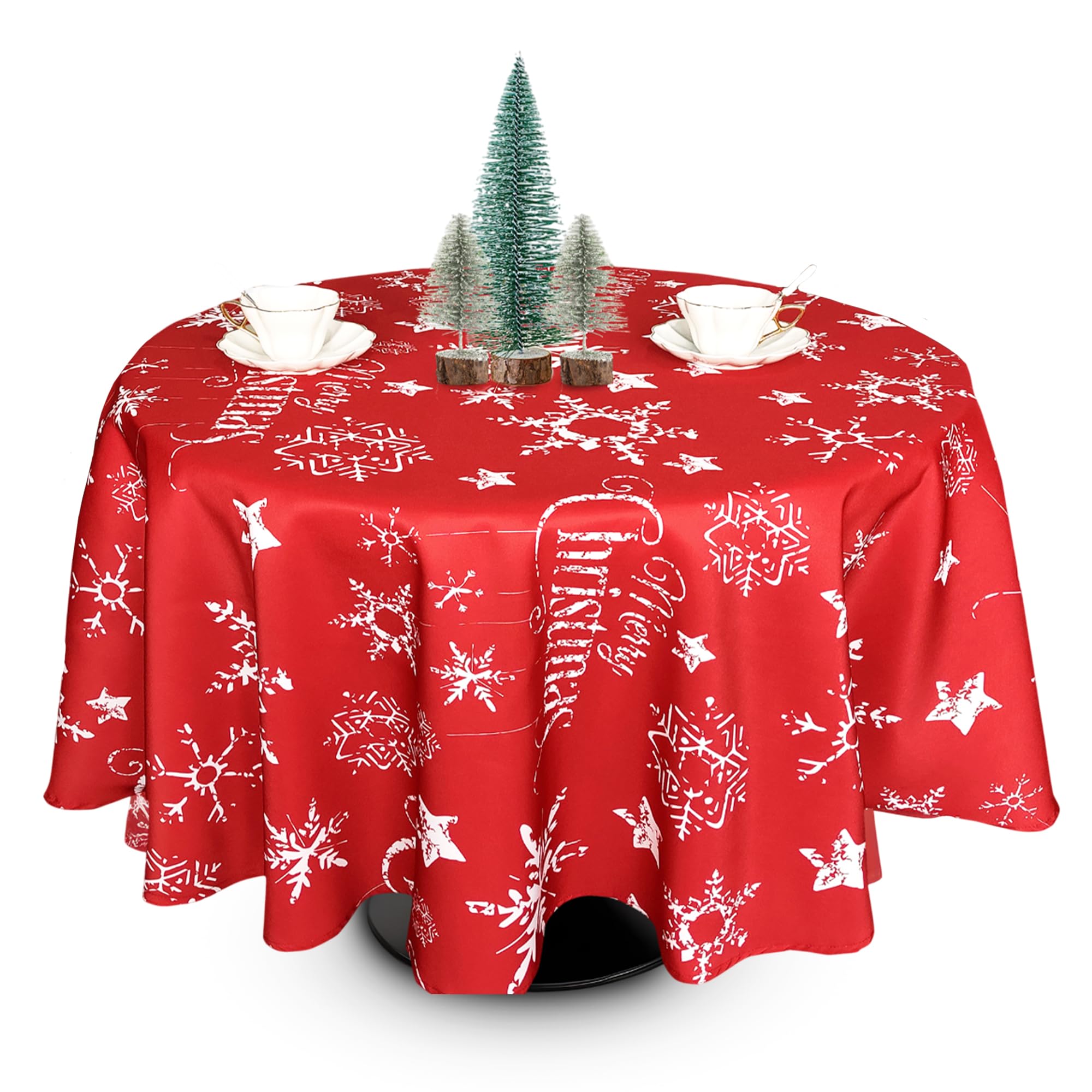 WedDecor Christmas Table Cloth Round Polyester Tablecloth with Snowflakes Print Red Table Cloth Cover for Christmas, Buffet Table, Party, Holiday Dinner (70" - Red & White) โ image 1