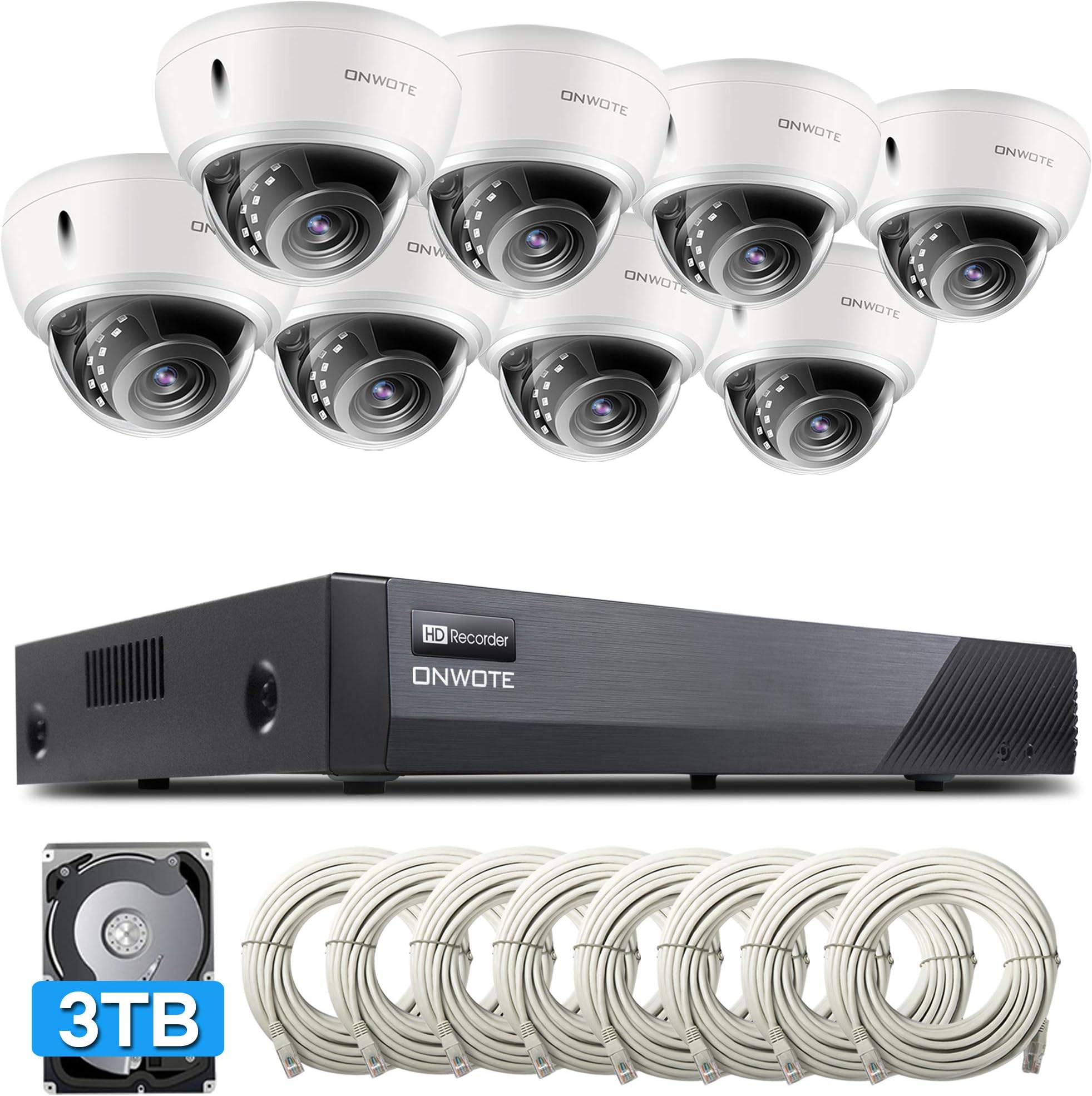 ONWOTE 5MP Super HD PoE Security Camera System 3TB HDD, Vandalproof, (8) 25921944P Outdoor Dome PoE IP Cameras Wide Angle, 8CH 5MP H.265 NVR, Record Video Audio, 8 Channel Simultaneous Playback