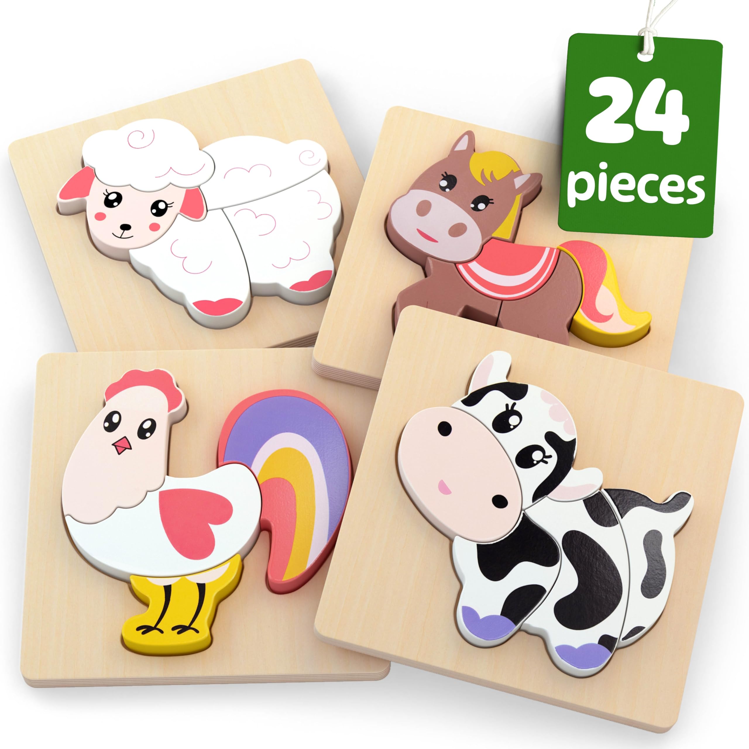 Merle Toys® Baby Wooden Puzzles for 1 Year Old, 19 Pcs Peg Puzzles Animals, Wooden Jigsaw for 2 Year Old, Baby Jigsaw 1 year old Montessori Toys for 1 Year Old Girls Bosy, Calm Design for More Focus