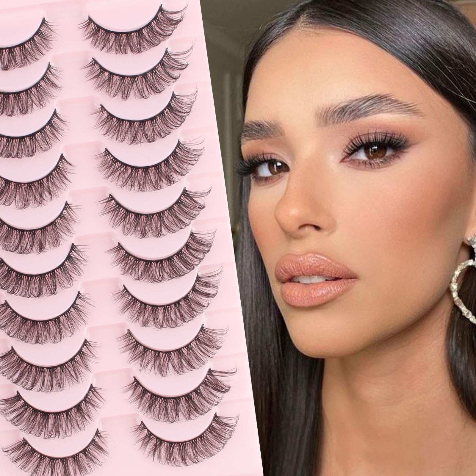 False Eyelashes 10 Pairs Russian Strip Lashes Hybrid Natural Look D Curl Faux Mink Lashes Fluffy Wispy Cat Eye Lashes Reusable