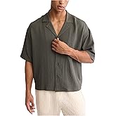 OYOANGLE Men's Oversized Cropped Button Down Shirts Casual Short Sleeve Solid Loose Shirts