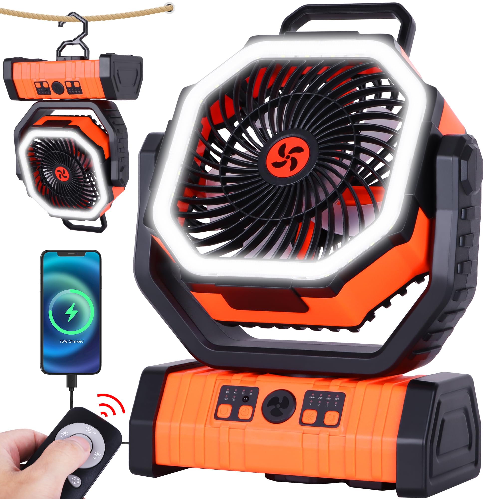 TDLOL 20000mAh Camping Fan Battery Operated,Portable Rechargeable Battery Powered Fan with LED Light,360°Oscillating & 8H Timer Portable Camping UEssentials Fans with Hook