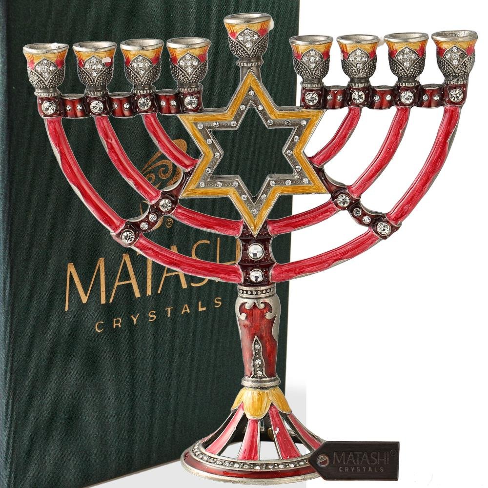 Matashi Hand Painted Enamel Menorah Candelabra with Star of David Design and Embellished with Gold Accents and Crystals - Jewish Candle Holder, Holy Land Gift Showpiece Centerpiece for Living Room