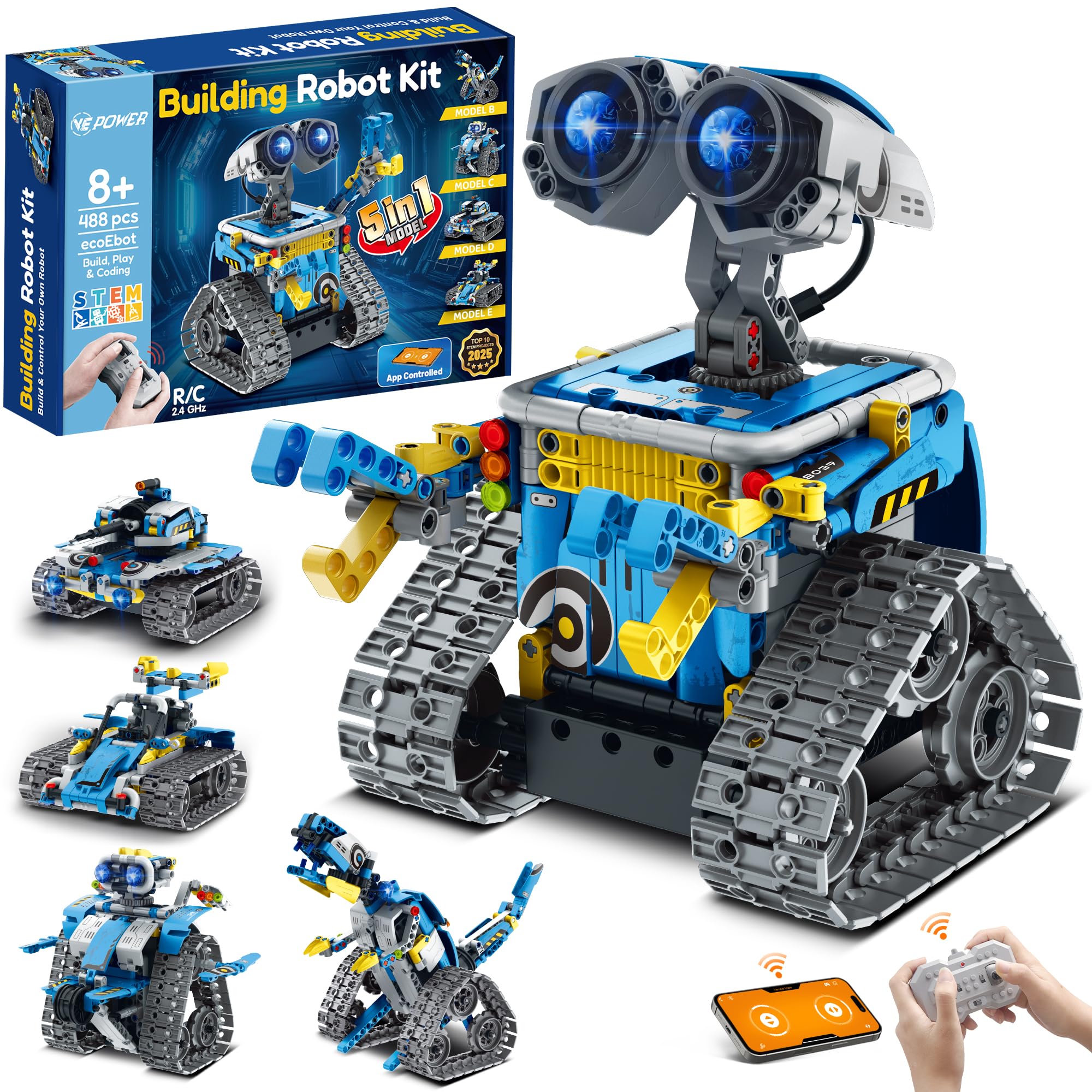 VEPOWER 5in1 STEM Robot Building Set for Kids, Remote & App Controlled Robotics Educational Coding Creator Technic Toys, Creative Gifts for Boys Girls Aged 6 7 8-13 (488 Pieces) — image 1