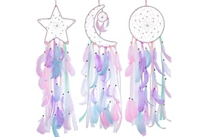 REMORLET 3 Pack Pink Star Moon Sun Dream Catcher - Girls Wall Decor for Bedroom, Girl's Room Hanging Decor, Boho Wall Art for Girls Bedroom, Teen Girl Room Decor