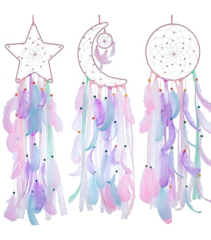 Pretty Jolly Purple Star Dream Catcher - Handmade Pompom Feather Wall Decor For Kids Room - View #3