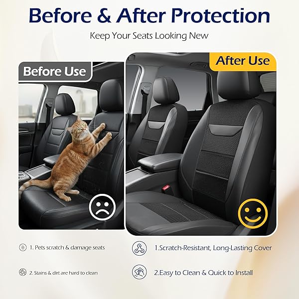 KINGPHENIX 2 PACK FRONT MEMORY FOAM LEATHER CAR SEAT COVERS, BREATHABLE 4D MESH, EASY INSTALL AUTOMOTIVE SEAT PROTECTORS, AIRBAG COMPATIBLE, UNIVERSAL FIT FOR CARS, TRUCKS, VANS, SUV – BLACK