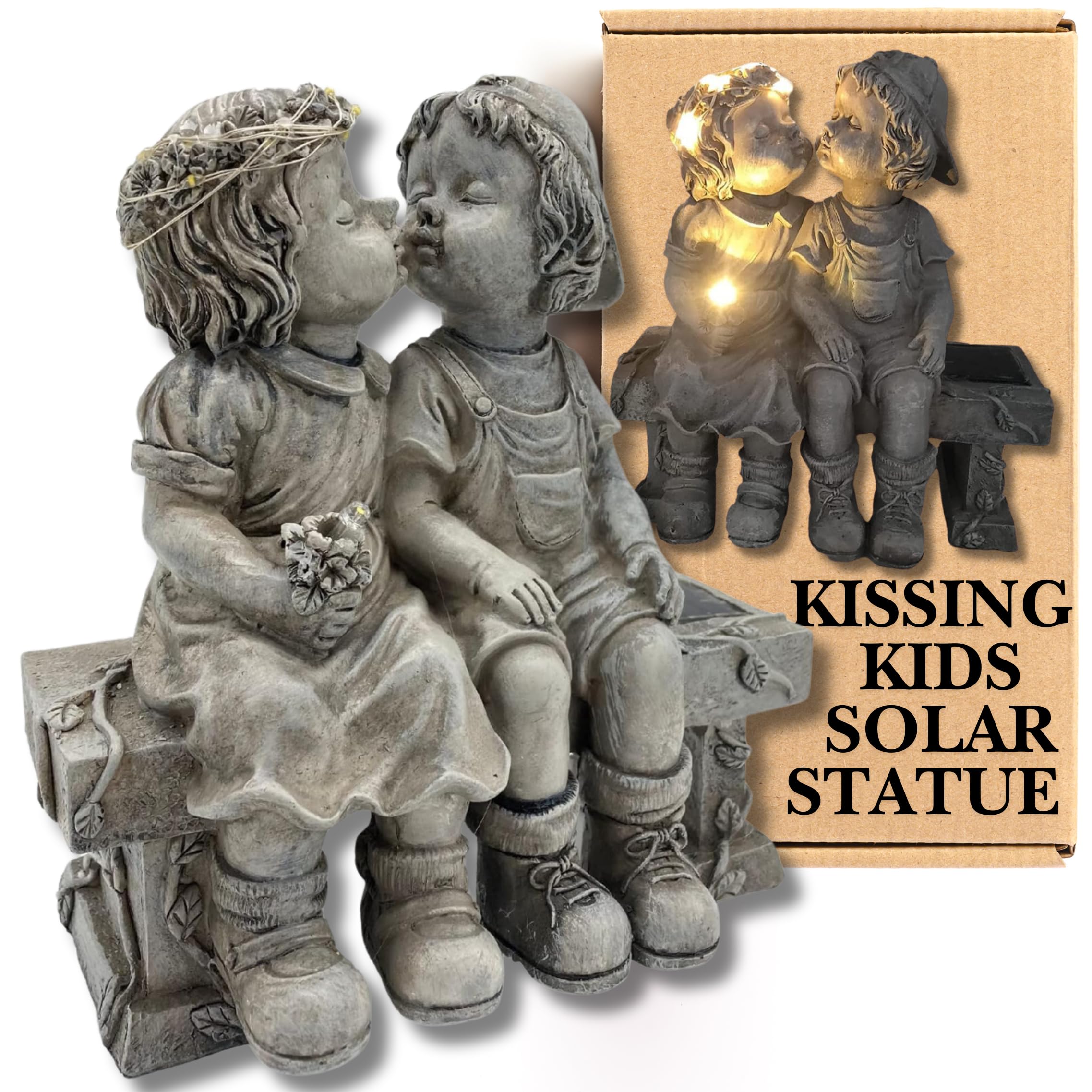 Stone Effect Kissing Kids on Bench 21cm Resin Garden Ornament - Boy and Girl Garden Ornaments Outdoor - Solar Powered Garden Ornaments - Light Up LED Outdoor Statues - Valentines Day Gifts for her