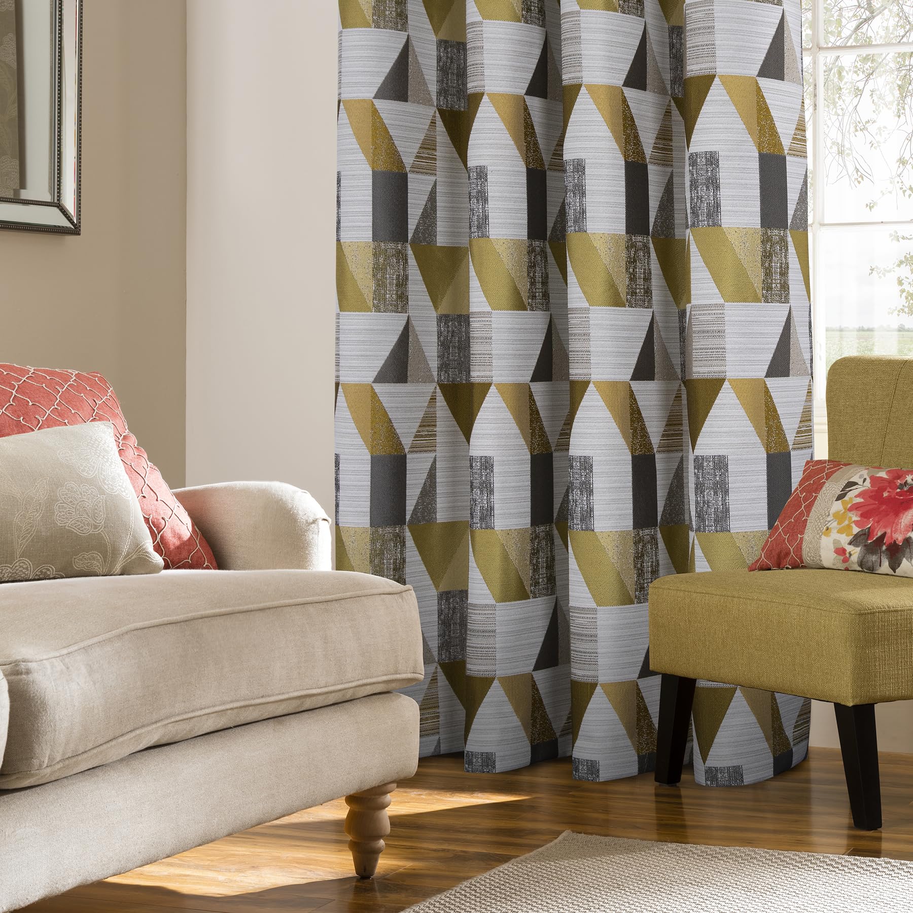 always4u 100% Blackout Curtains Linen Look Modern Geometric Jacquard Curtains Eyelet Thermal Lined Window Treatment for Bedroom 1 Pair Yellow W66xL72