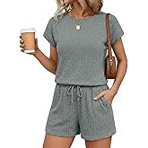 Ekouaer Rompers for Women Ribbed Knit Short Jumpsuit 2026 Summer Casual Vacation Outfits