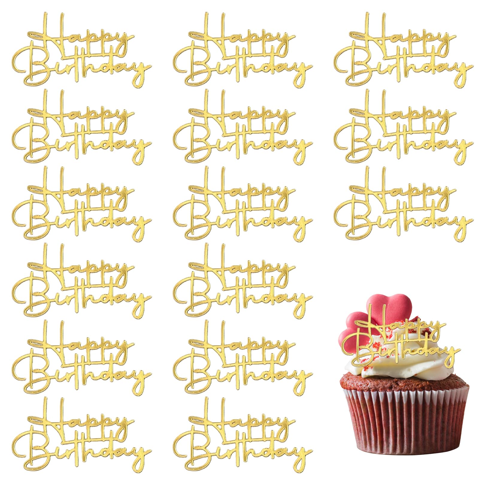 15Pcs Gold Happy Birthday Cake Topper Cupcake ToppersAcrylic Cake Topper Dessert Decor Happy Symbol Gold Birthday Topper Accessories for Kids Cupcakes Party Celebration Dessert Decorations Accessories