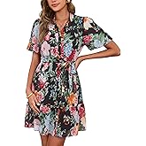 Simplee Womens Floral Short Summer Dresses Casual V Neck Button Down A-Line Tiered Ruffle Boho Mini Dress Trendy Clothes
