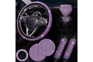 ToBeQueen Purple Steering Wheel Cover Set for Women Girl,7 Pack Crystal Diamond Rhinestone Purple Car Accessories, Seat Belt Cover, Gear Shift Cover, Car Bling Ring, Cup Holder Coasters, Purple