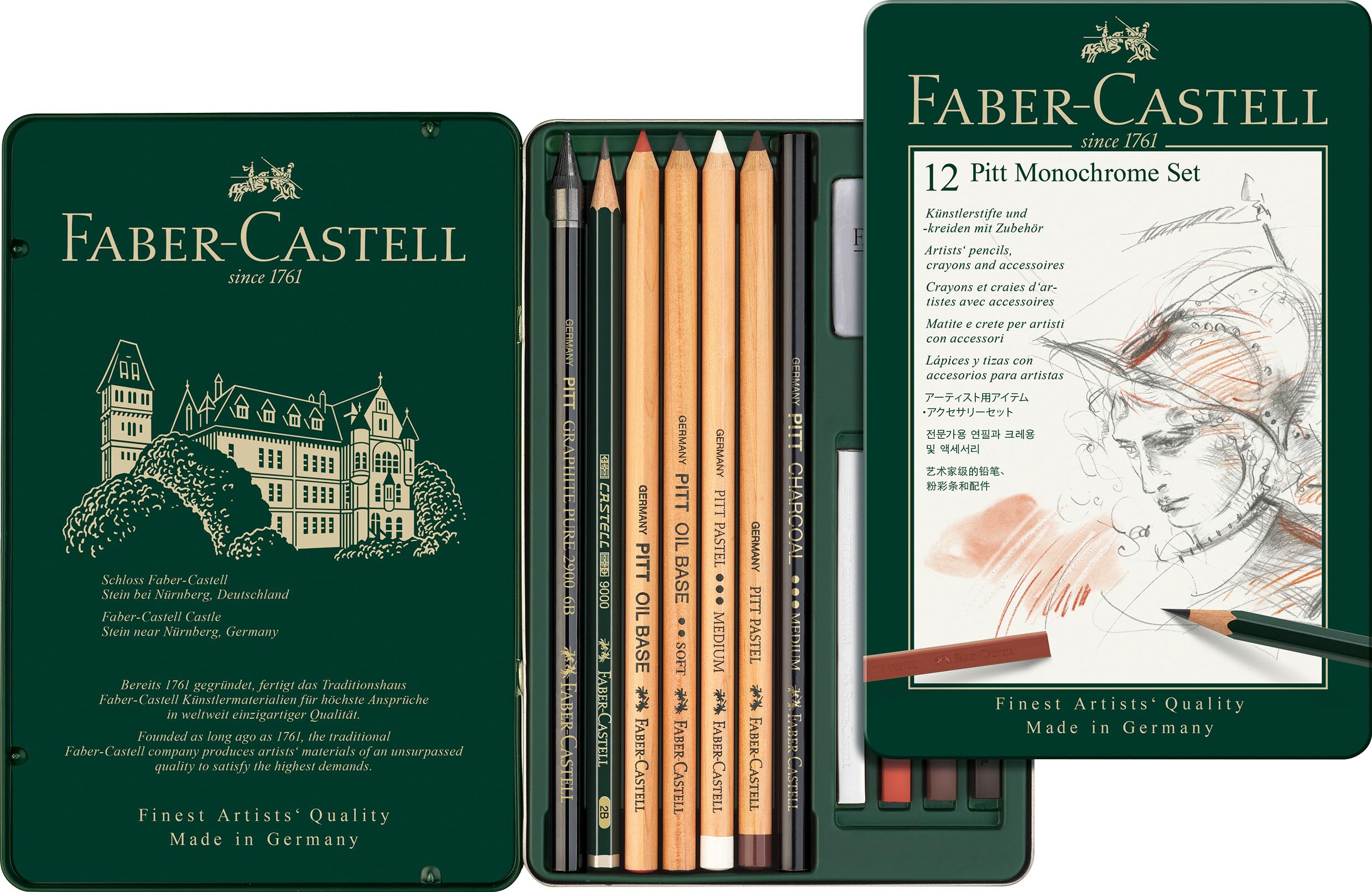 Faber-Castell Pitt Monochrome Professional Quality 12-Piece Introductory Set in a Metal Case