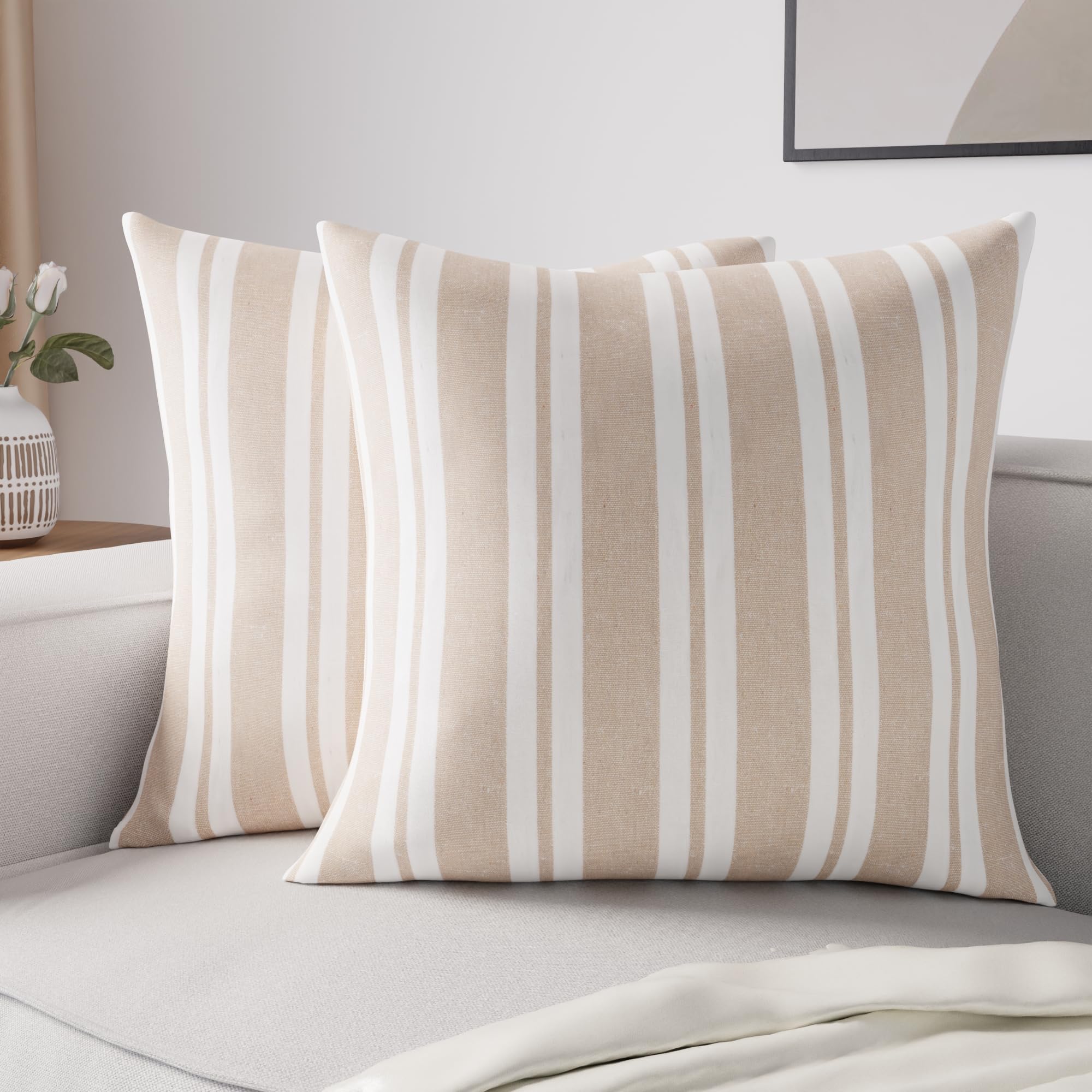 Encasa XO Cushion Covers 2 pcs set (40x40 cm) - Franca Beige Stripes - Decorative Large Square Colourful Washable Eco - Cotton, Throw Pillow Cases for Living Room, Sofa, Bedroom, Home & Hotel