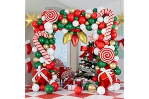 DBKL Balloons 152Pcs Garland Kit for Christmas, Red, White, Green, Gold with Candy Cane, Gift Box, Light Bulb Foil Balloons, Decorations, Party Supplies