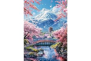 Kaixine Japanese Landscape Stamped Cross Stitch Kits,Mount Fuji Cherry Blossom Trees Cross Stitch Ornament Kits for Adults Beginners, Counted Embroidery Needlepoint Kits Home Decor 12x16 Inch