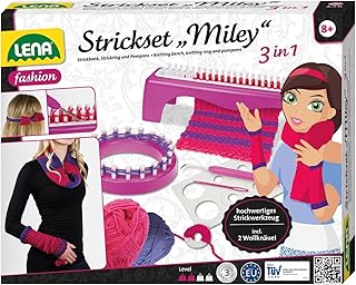 Lena 42004 Strickset Miley 3 in 1, Komplettset mit Strickbank, Strickhaken, Strickring, Kunststoffnadel, Pompon Scheiben, Wollgarn in 2 Farben und Anleitung, Strick Set für Kinder ab 8 Jahre, Rosa