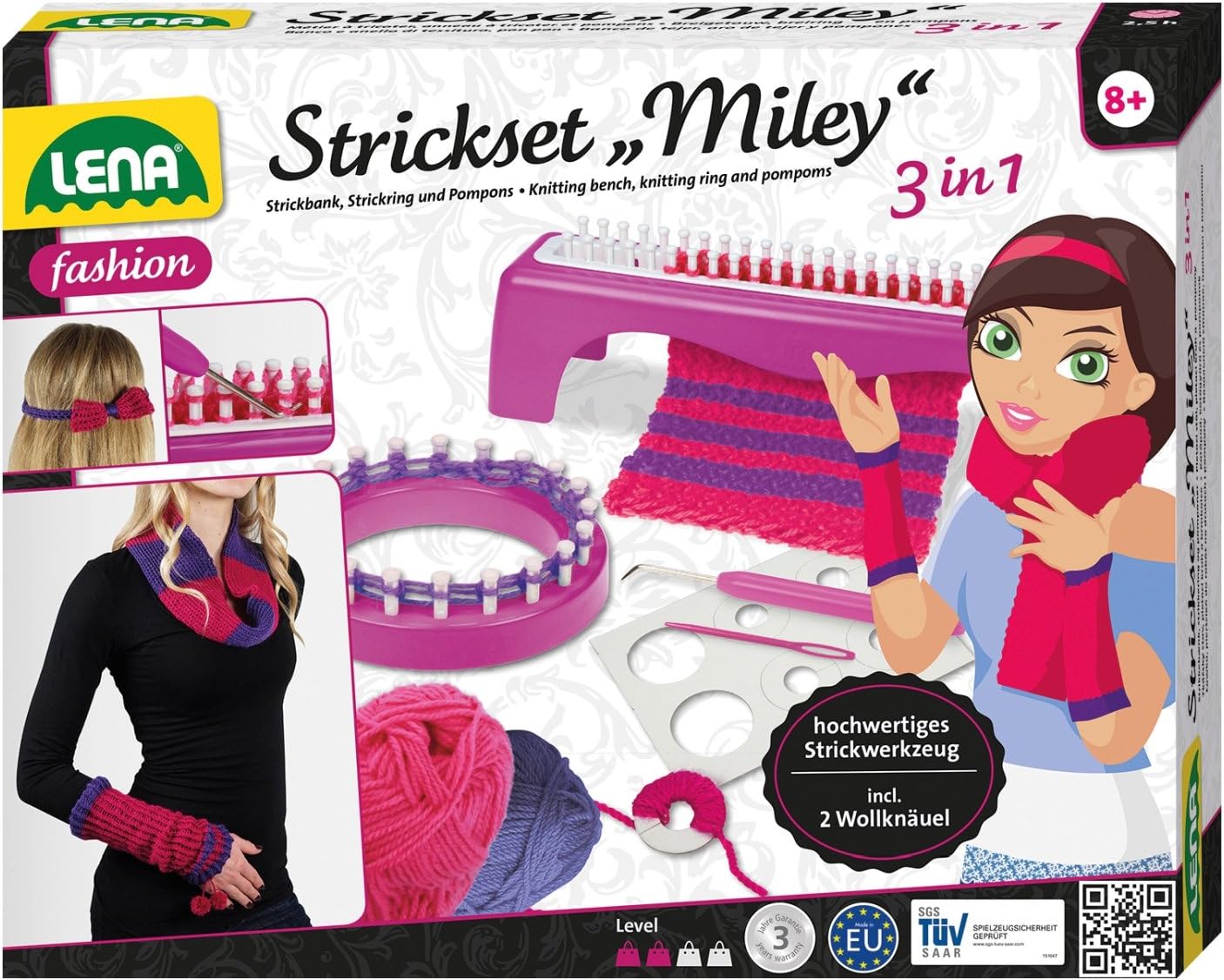 Lena 42004 Strickset Miley 3 in 1, Komplettset mit Strickbank, Strickhaken, Strickring, Kunststoffnadel, Pompon Scheiben, Wollgarn in 2 Farben und Anleitung, Strick Set für Kinder ab 8 Jahre, Rosa