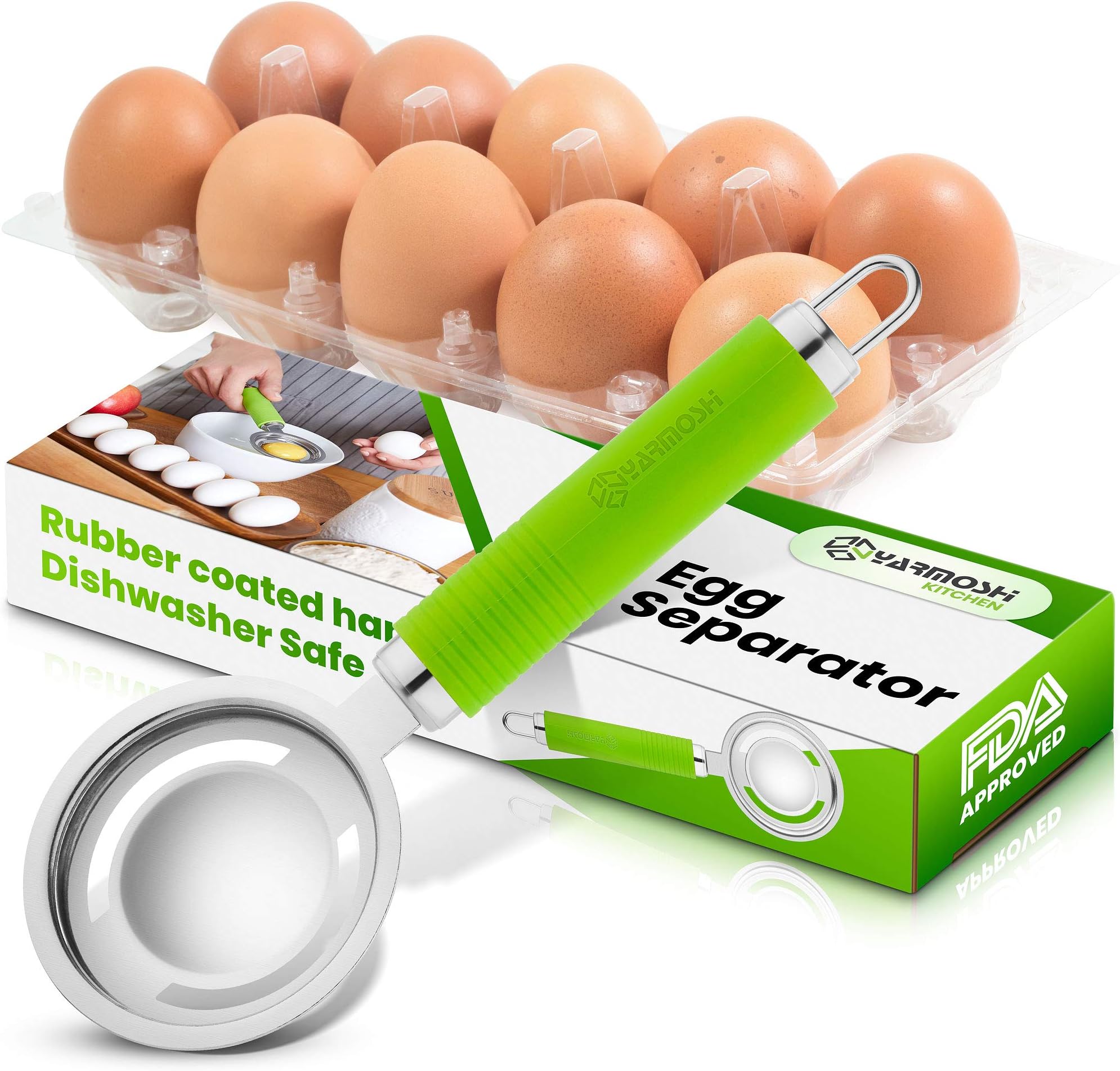 Yarmoshi Stainless Steel Egg Separator, Filters Yolk from White with Ease - Kitchen Gadget for Cooking and Baking with Non-Slip Rubber Coated Ergonomic Handle - Dishwasher Safe