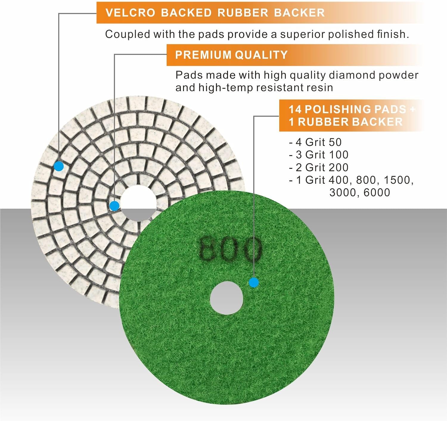 SPTA 15pcs Diamond Wet Polishing Pads Set, 4 inch Pads for Granite Stone Concrete Marble Floor Grinder or Polisher, 50#-6000# with Hook & Loop Backing Holder Pads for Wet Polisher - - 