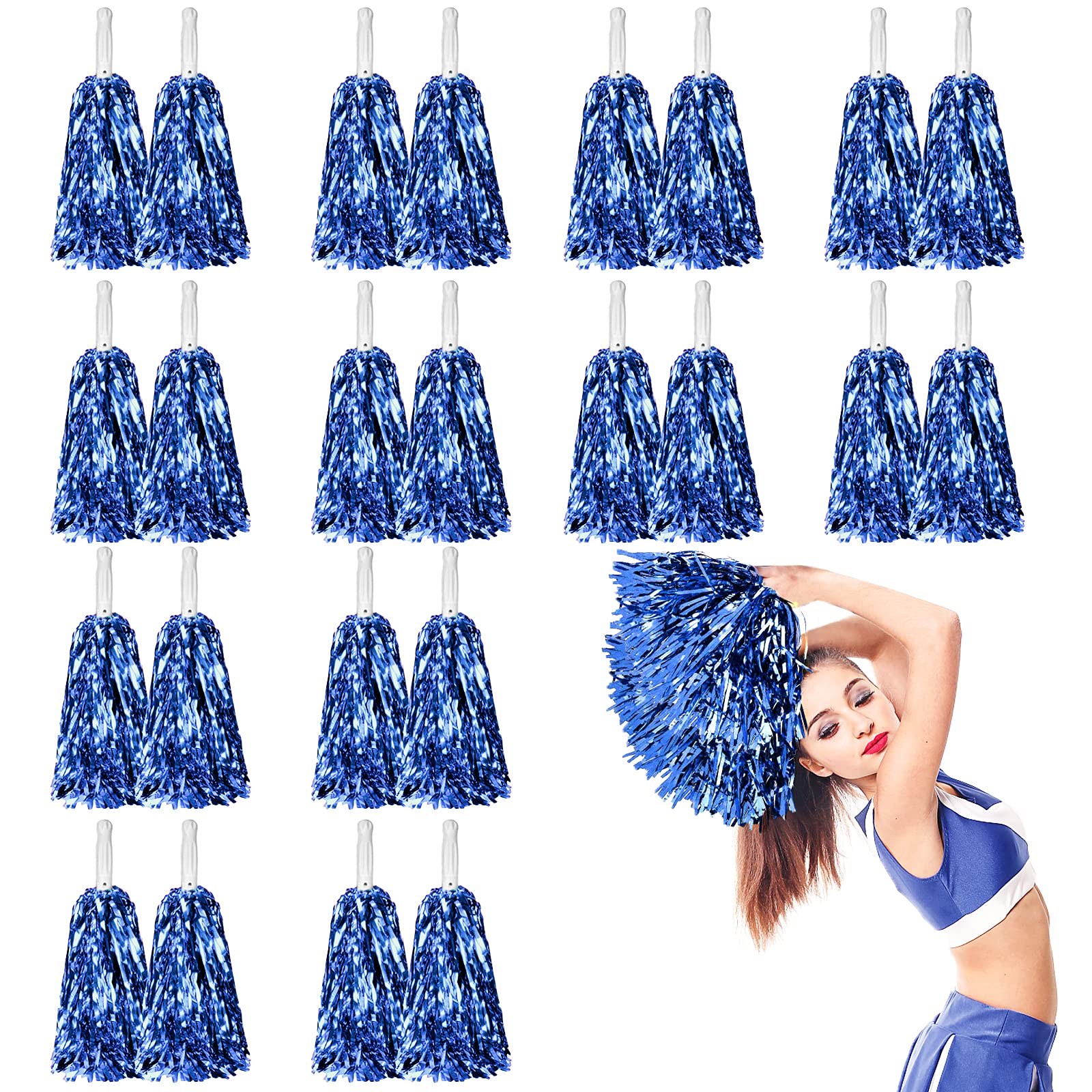 LINYAPRY 24 Pcs Metallic Cheerleading Pom Poms for Kids, Cheerleaders Cheer Pom Poms with Baton Handle, Cheering Squad Hand Flower for Adults Team Spirit Sports Game Dancing Party(Blue)