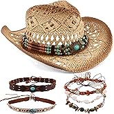 KICOSY Straw Hats for Women Straw Cowboy Hat Cowgirl Hat Beach Cowboy Hats for Women Western Beach Coastal Cowgirl Hat with 6 Replacement Decorative Bands Beige