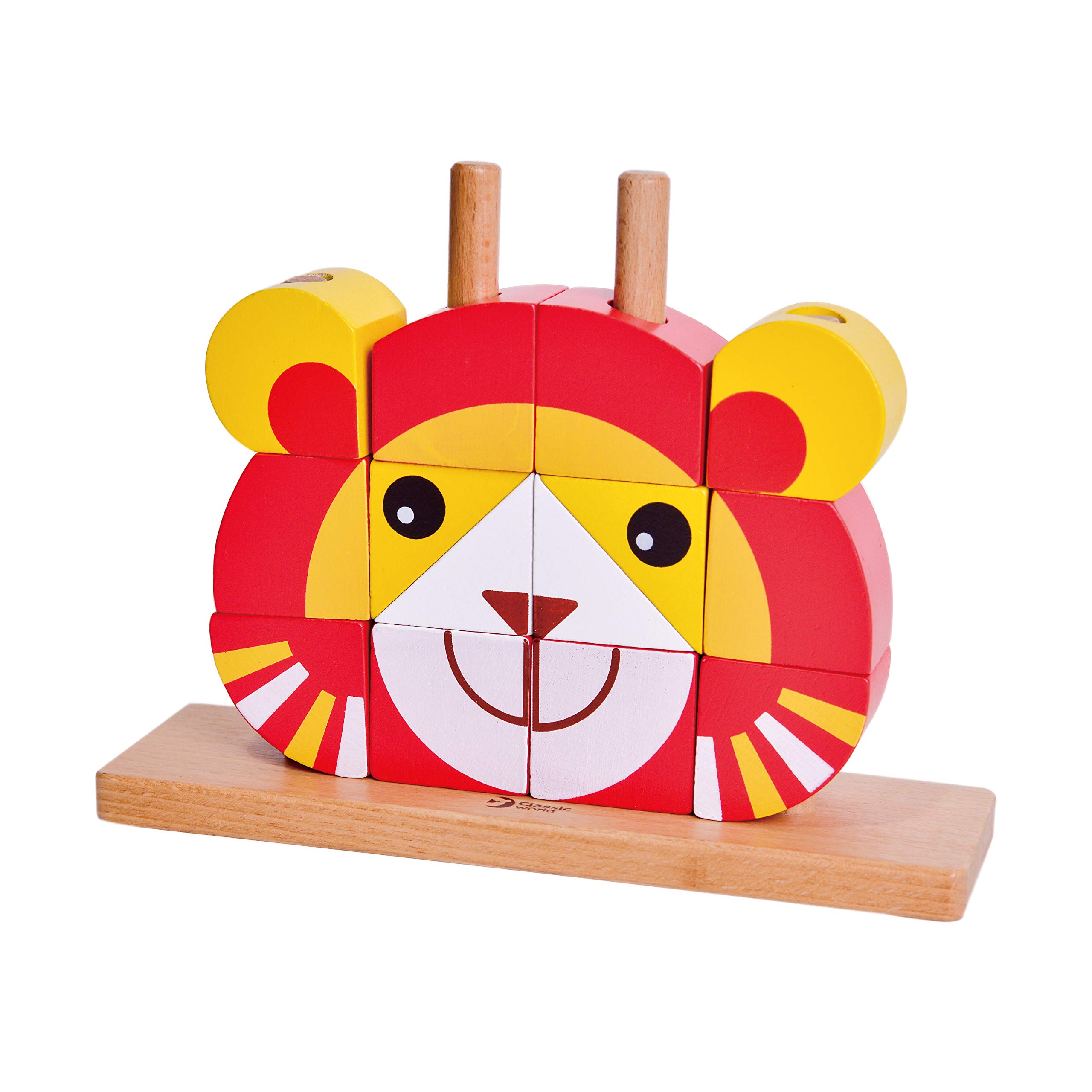 Classic World Wooden Lion Blocks Puzzle Set, Sorting, Stacking, Developmental and Educational Toy, Includes 12 Block Pieces, 1 Base with 4 Dowels, 5 Instruction Cards, 21 x 6 x 16 cm, 18 Months+
