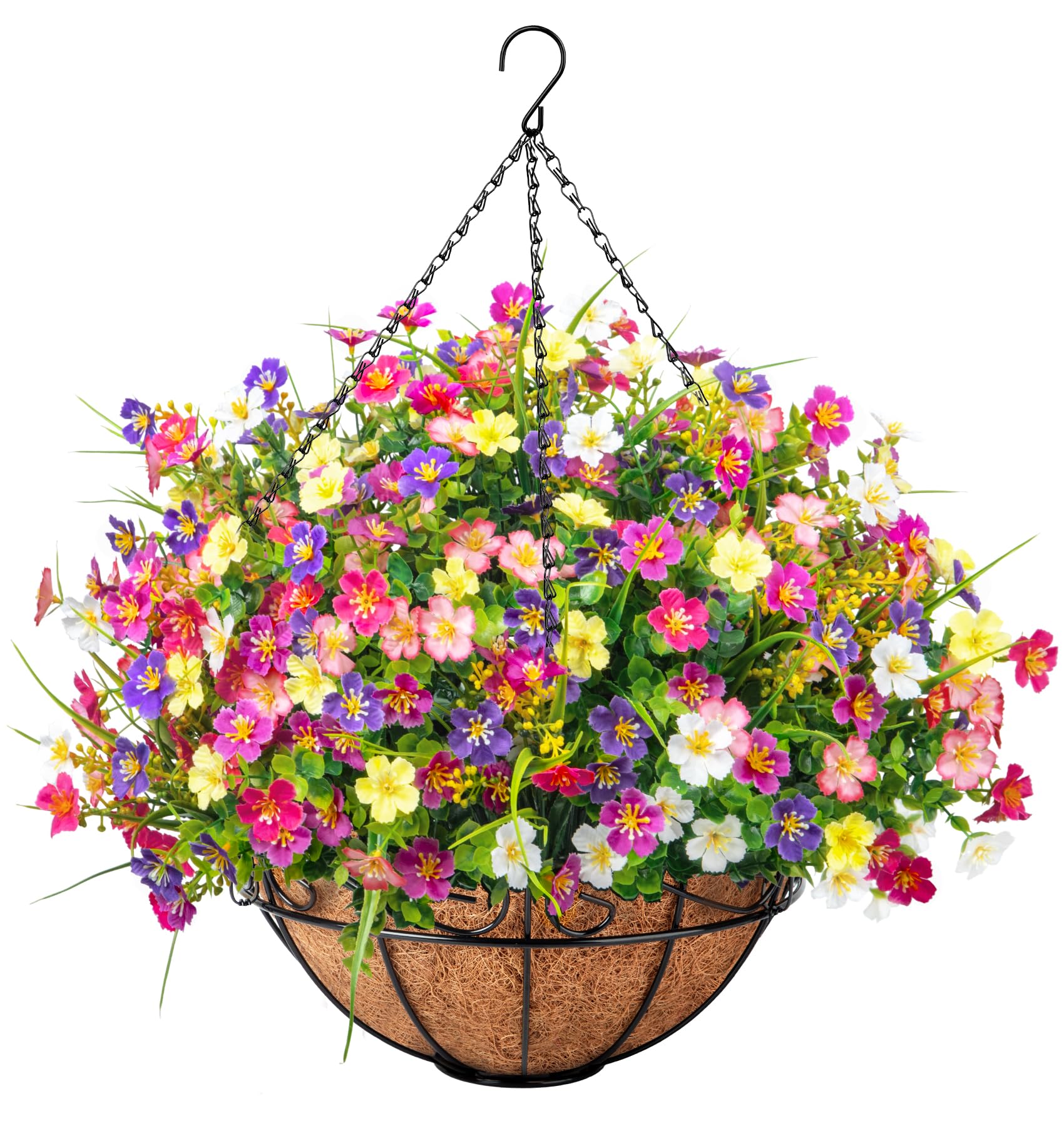 Photo 1 of Ouddy Decor Artificial Hanging Flowers with Basket, Faux Silk Flowers in Coconut Lining Basket, Spring Summer Outdoor Decor Fake Hanging Plants for Garden Patio Yard Porch Lawn, Mixed Color