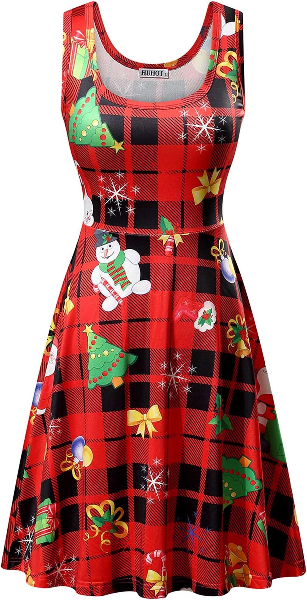 HUHOT Women's Christmas Xmas Ugly Dress Sleeveless Santa Print Midi Flared Tank Dress