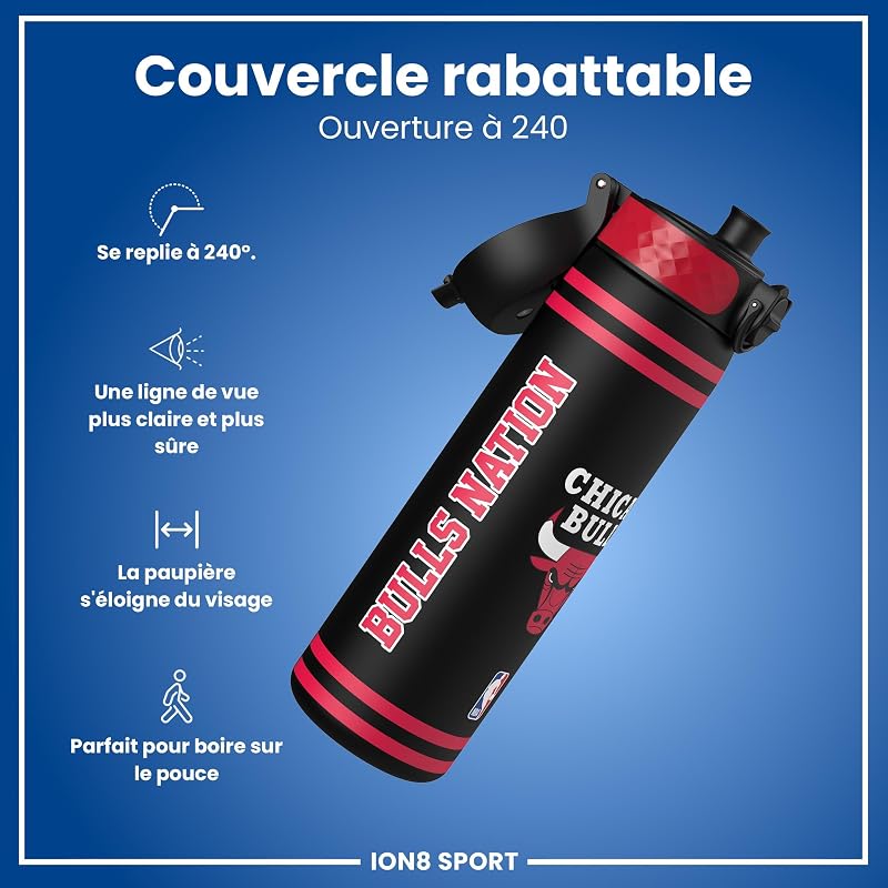 NBA Chicago Bulls Gourde, 500ml, Anti-Fuite, Facile à Ouvrir, Verrouillage Sécurisé, Lavable en Lave-vaisselle, Sans BPA, Poignée de Transport, S'adapte aux Porte-gobelets, Facile à Nettoyer