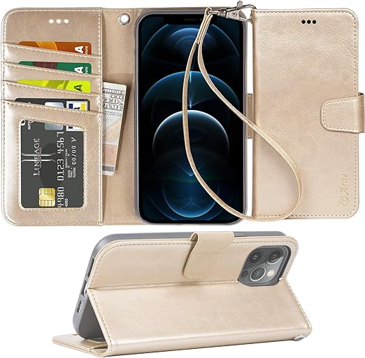 Amazon Com Arae For Iphone 12 Pro Max Case With Credit Card Holder And Wrist Strap Champagne Gold