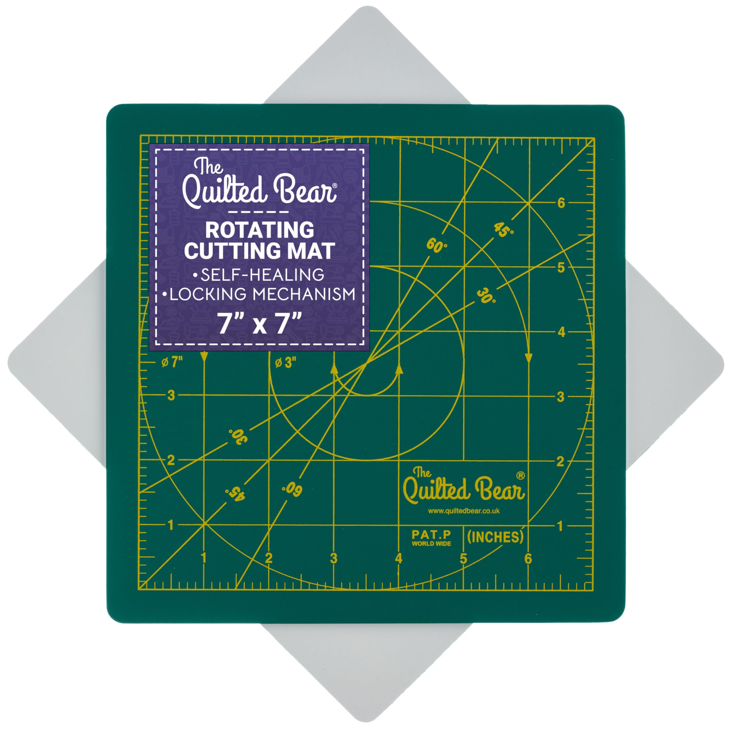 The Quilted Bear Rotating Cutting Mat - 7" x 7" Square Self Healing 360° Rotating Cutting Mat with Innovative Locking Mechanism for Quilting & Sewing Your Choice of Size & Colour Available! (Green)