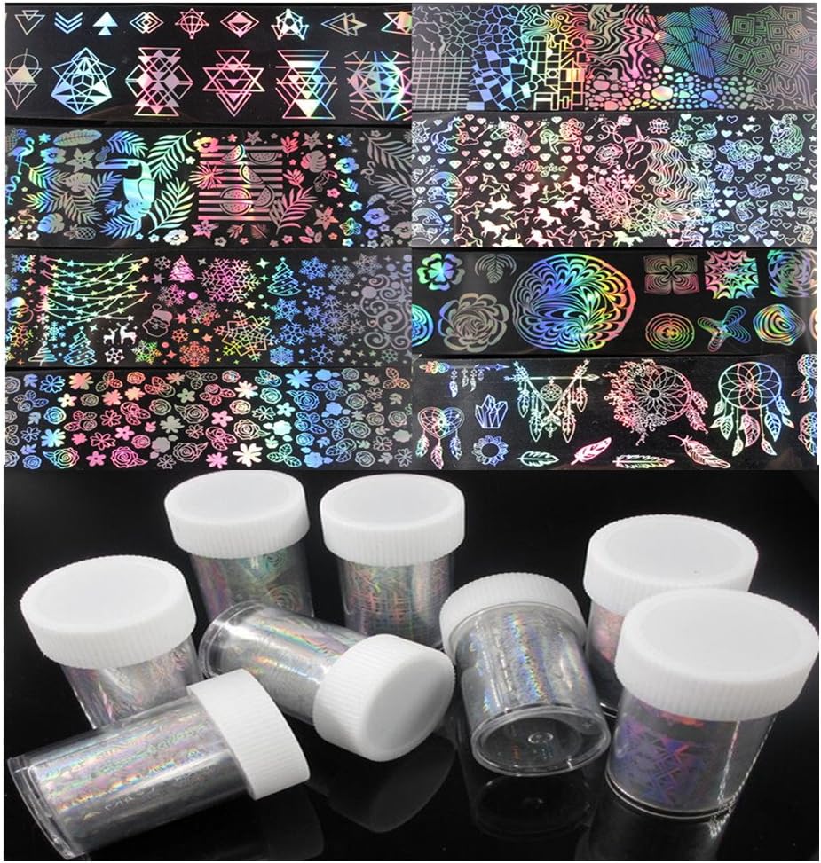CHARMING MAY 8 roll Geometric Water Marble Holographic Starry Series Nail Foil Flower Dream Catcher Holo Christmas Transfer Sticker 98cm