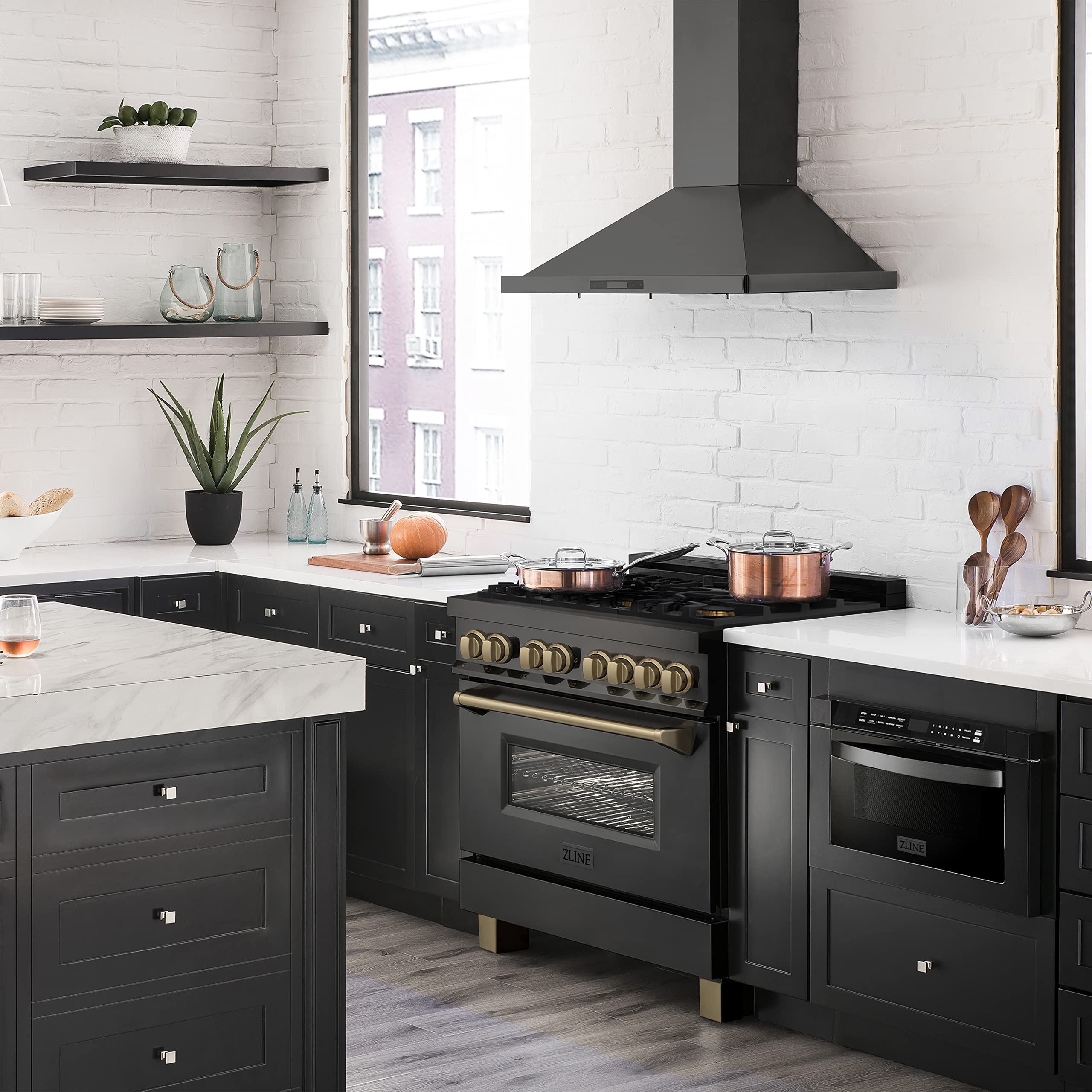 ZLINE Autograph Edition 36 in. 4.6 cu. ft. Legacy Dual Fuel Range with 6 Burner Gas Cooktop and Electric Convection Oven in Black Stainless Steel and Champagne Bronze Accents (RABZ-36-CB)