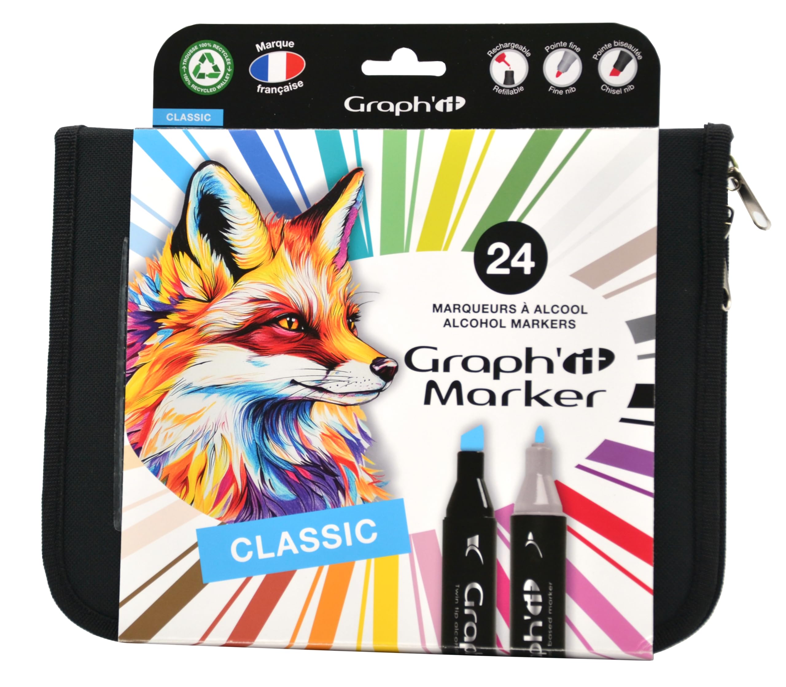 Pack of 24 Graph'it Twin-Tip Alcohol Marker Pens Basic Colors